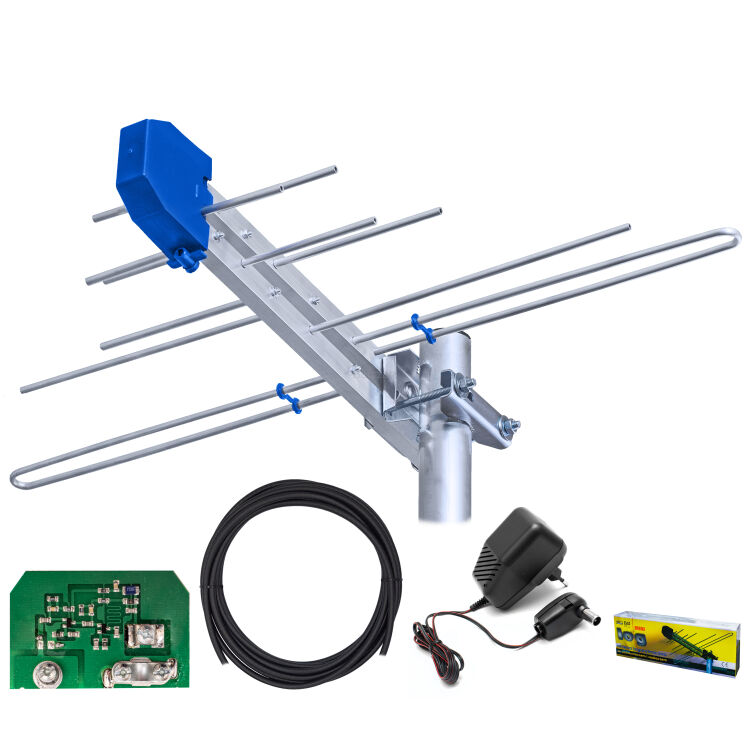 Antena TV logarytmiczna Minilog ze wzmacniaczem, zasilaczem i kablem 5m